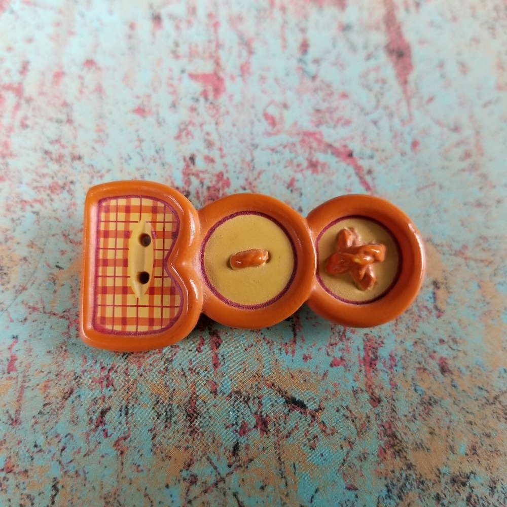 Vintage Signed Hallmark Cards Pin Orange Boo Buttons Halloween Plastic Plaid